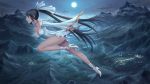 1girl black_hair breasts castle choker city cleavage clouds fantasy flying full_body full_moon high_heels highres long_hair medium_breasts moon mountain night night_sky original outdoors ponytail profile revision sky solo sparkle strapless very_long_hair youbou 