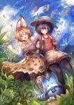  2girls animal_ears animal_print backpack bag bare_shoulders black_gloves black_hair black_legwear blonde_hair blue_sky cuby_(dondoriansama) dutch_angle elbow_gloves gloves grass hat hat_feather kaban kemono_friends looking_at_another looking_at_viewer lucky_beast_(kemono_friends) mountain multiple_girls nature one_eye_closed open_mouth outdoors pantyhose red_shirt serval_(kemono_friends) serval_ears serval_print serval_tail shirt short_hair shorts skirt sky sleeveless sleeveless_shirt t-shirt tail thigh-highs violet_eyes walking white_shirt white_shorts 
