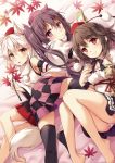  3girls :&lt; :o animal_ears armpits ass autumn_leaves bangs bare_legs bare_shoulders barefoot black_bow black_bowtie black_hair black_legwear black_ribbon black_skirt blush bow bowtie breasts bright_pupils cellphone checkered checkered_skirt cleavage closed_mouth detached_collar detached_sleeves dutch_angle eyebrows_visible_through_hair eyelashes floral_print frilled_skirt frills hand_on_own_chest hat highres himekaidou_hatate holding holding_branch holding_cellphone holding_phone inubashiri_momiji knees_together_feet_apart knees_up leaf leaf_print long_hair long_sleeves looking_at_viewer lying medium_breasts multicolored multicolored_clothes multicolored_skirt multiple_girls neck_ribbon no_legwear nyanya official_art on_back on_side on_stomach orange_eyes panties pantyshot pantyshot_(lying) phone pom_pom_(clothes) puffy_short_sleeves puffy_sleeves purple_hat purple_ribbon red_eyes red_hat ribbon shameimaru_aya shirt short_sleeves sideboob skirt small_breasts smile tail tareme thigh-highs tokin_hat touhou tree_branch twintails underwear upskirt violet_eyes white_hair white_panties white_pupils white_shirt wide_sleeves wolf_ears wolf_tail wrist_cuffs zettai_ryouiki 
