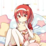  1girl 3: bangs blush boyano candy closed_mouth elbow_gloves eyebrows_visible_through_hair food gloves hair_between_eyes hairband holding knees_together_feet_apart looking_at_viewer pillow polka_dot_pillow ponkotsu_hero_eileen ponytail red_eyes redhead sitting solo star_pillow stuffed_hamster thigh-highs wavy_mouth white_gloves white_legwear 