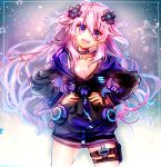  1girl adult_neptune blush bracelet breasts choujigen_game_neptune cleavage collar collarbone cowboy_shot d-pad hair_ornament holster hood hooded_jacket hoodie jacket jewelry lapia long_hair long_sleeves looking_at_viewer neptune_(series) open_mouth pink_hair pose shin_jigen_game_neptune_vii smile solo standing thigh_holster usb violet_eyes 