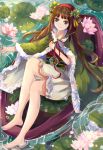  1girl barefoot brown_hair cape flower green_cape green_eyes hair_ornament hairband holding holding_flower lily_pad looking_at_viewer lotus mthelen original outdoors ripples rowboat sketch skirt smile soaking_feet solo water white_skirt 