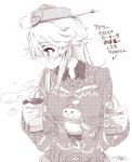  1girl alabaster_(artist) alternate_costume can cookie food headgear highres iowa_(kantai_collection) kantai_collection long_hair monochrome mouth_hold snowman solo star star-shaped_pupils steam sweater symbol-shaped_pupils translation_request tumbler 