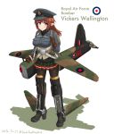  1girl airplane_wing backpack bag blue_eyes bomb brown_gloves brown_hair dakku_(ogitsune) eyebrows_visible_through_hair full_body gloves green_skirt hat high_heels jacket long_hair machinery mecha_musume military_jacket miniskirt open_mouth original pantyhose peaked_cap personification pleated_skirt pointy_ears royal_air_force skirt solo strap sweater vickers_wellington 