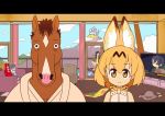  2boys 5girls animal_ears arms_up backpack bag bags_under_eyes beanie blonde_hair blue_hair blue_sky bojack_horseman bojack_horseman_(character) bow bowtie brown_hair cigarette clouds couch crossed_arms curtains diane_nyugen feathers fennec_(kemono_friends) fingerless_gloves gloves green_jacket grey_hair hat hitsuji_bako hood hoodie horse horse_head jacket kaban kemono_friends letterboxed looking_at_viewer mountain multiple_boys multiple_girls pizza_box pool robe serval_(kemono_friends) serval_ears serval_print short_hair sky sleeveless small-clawed_otter_(kemono_friends) splashing staring todd_chavez window yellow_eyes 