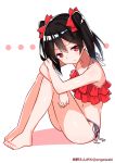  1girl artist_name barefoot bikini black_hair engawa_(rarenago) frilled_bikini frills glaring highres jitome long_hair looking_at_viewer love_live! love_live!_school_idol_project red_bikini red_eyes side-tie_bikini sitting solo swimsuit twintails twitter_username yazawa_nico 