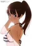  absurdres arm_up bikini blush breasts brown_eyes brown_hair from_side highres katou_megumi long_hair looking_at_viewer looking_to_the_side medium_breasts ponytail saenai_heroine_no_sodatekata scan sideboob simple_background smile strap_gap striped striped_bikini swimsuit takase_tomoaki upper_body wet white_background 