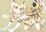  1girl all_fours animal_ears animal_print blonde_hair bow bowtie cat_ears cat_tail elbow_gloves fang frilled_skirt frills full_body gloves grey_background kaida_michi kemono_friends looking_to_the_side open_mouth ribbon sand_cat_(kemono_friends) short_hair simple_background skirt sleeveless solo tail yellow_eyes 