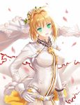  1girl 2017 :d artist_request blonde_hair blush breasts bridal_veil chains dated fate_(series) flower gloves green_eyes hair_flower hair_ornament highres large_breasts lock open_mouth padlock petals saber saber_bride saber_extra smile solo strap veil white_background white_gloves zipper 