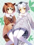  2girls brown_eyes brown_hair coat eurasian_eagle_owl_(kemono_friends) gloves grey_hair hand_on_own_chest head_wings highres kemono_friends liya looking_at_viewer multicolored_hair multiple_girls northern_white-faced_owl_(kemono_friends) pantyhose short_hair simple_background white_legwear yellow_eyes 