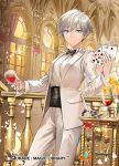  1girl bangs baudelaire_(qurare) blue_eyes bow bowtie card cup drinking_glass flower formal ice_(ice_aptx) indoors looking_at_viewer petals playing_card poker_chip qurare_magic_library sash short_hair silver_hair smile solo suit vase white_suit window wine_glass 
