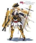  1girl bad_id bad_pixiv_id barrel bicorne blonde_hair blue_eyes braid buttons cannon cape dakku_(ogitsune) frilled_skirt frills full_body gun hat high_heels hms_victory holding holding_gun holding_staff holding_weapon long_hair long_sleeves mecha_musume military_jacket miniskirt open_mouth original pantyhose personification pleated_skirt royal_navy scabbard sheath skirt solo staff sword weapon white_ensign white_legwear 