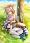  ... 2girls animal_ears ass bangs black_hair blonde_hair bow bowtie breasts cheek_poking closed_eyes day extra_ears fennec_(kemono_friends) fox_ears fox_tail gradient_hair grass green_hair grey_hair half-closed_eyes heart highres kemono_friends kisaragi_miyu lap_pillow lying multicolored_hair multiple_girls nature on_side panties panties_under_pantyhose pantyhose pantylines poking raccoon_(kemono_friends) raccoon_ears raccoon_tail short_hair skirt sky sleeping spoken_heart sweater_vest tail thighband_pantyhose thought_bubble tree trefoil two-tone_hair under_tree underwear white_hair white_legwear wrist_cuffs zzz 