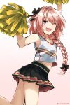  1boy armpits braid cheerleader crop_top crop_top_overhang fate/apocrypha fate_(series) hair_ribbon long_hair looking_at_viewer male_focus midriff navel one_eye_closed open_mouth pink_hair pom_poms ribbon rider_of_black shoes single_braid skirt smile sneakers solo somechime_(sometime1209) trap violet_eyes white_background 