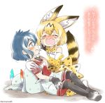  2girls animal_ears backpack bag black_gloves black_hair bucket_hat comic crying elbow_gloves eromame gloves hat hat_feather kaban kemono_friends multiple_girls open_mouth red_shirt serval_(kemono_friends) serval_ears serval_print serval_tail shirt short_hair shorts smile spoilers tail tears translation_request wavy_hair 