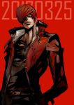  1boy bangs belt birthday buckle chains fur_collar highres jacket jewelry looking_at_viewer male_focus necklace number one_eye_covered red_background red_eyes red_jacket redhead solo the_king_of_fighters the_king_of_fighters_xiv wool_(2765210eds) yagami_iori 