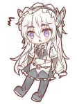  /\/\/\ 1girl black_skirt blush boots chaika_trabant chibi eyebrows_visible_through_hair headband highres hitsugi_no_chaika kvlen long_hair looking_at_viewer open_mouth skirt solo triangle_mouth violet_eyes white_hair 