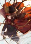  1girl black_hair cape demon_archer fate/grand_order fate_(series) from_above gloves hat highres japanese_clothes koha-ace lanzi_(415460661) long_hair long_sleeves military military_uniform orange_eyes sword uniform weapon white_gloves wind 