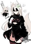 1girl ? animal_ears artist_name black_dress blindfold chibi cleavage_cutout cosplay covered_eyes dated dress feather-trimmed_sleeves flower fox_ears fox_tail hair_flower hair_ornament juliet_sleeves konshin leotard long_sleeves nier_(series) nier_automata puffy_sleeves signature spoken_question_mark tail thigh-highs translation_request vambraces white_background yorha_no._2_type_b yorha_no._2_type_b_(cosplay) 