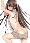 1girl arms_up ass back backless_outfit bangs bare_back bare_shoulders blush breasts brown_hair butt_crack drawstring dress eyebrows_visible_through_hair floating_hair from_side girls_frontline green_hair grey_sweater hair_between_eyes halterneck highres knee_up long_hair looking_at_viewer looking_back meme_attire multicolored_hair naked_sweater nz_75_(girls_frontline) open-back_dress parted_lips redhead ribbed_sweater sideboob simple_background small_breasts solo streaked_hair sweater sweater_dress turtleneck turtleneck_sweater very_long_hair virgin_killer_sweater white_background xie_wang yellow_eyes 
