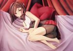  1girl artist_name barefoot bed_sheet bike_shorts blush breasts brown_eyes brown_hair curtains dated hair_between_eyes hairband headgear highres kantai_collection looking_at_viewer lying on_side parted_lips pillow sakurame_(hitomebore) signature small_breasts solo taihou_(kantai_collection) thighs 
