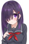  1girl :o blush breasts eyebrows_visible_through_hair grey_background hair_ornament hair_over_one_eye hairclip hand_on_own_chest hashiko_no_woto highres large_breasts long_hair looking_at_viewer neckerchief original parted_lips purple_hair red_neckerchief school_uniform serafuku simple_background solo tareme upper_body violet_eyes 