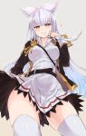  1girl akanagi_youto animal_ears breasts brown_eyes feathers from_below granblue_fantasy heart highres jacket korwa open_clothes open_jacket quill silver_hair skirt solo thigh-highs 
