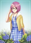  1girl :d alternate_costume bangs black-framed_eyewear blue_dress blurry blush cardigan casual day depth_of_field dress fate/grand_order fate_(series) flower glasses hair_over_one_eye hand_in_hair hand_up highres lavender_hair looking_at_viewer open_cardigan open_clothes open_mouth outdoors pink_hair plaid plaid_dress semi-rimless_glasses shielder_(fate/grand_order) short_hair skyregalias smile solo under-rim_glasses violet_eyes 
