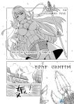  2girls armor armored_dress bangs blush breasts chinese closed_eyes comic floating_hair futhark garter_straps greyscale large_breasts long_hair madjian messy_hair monochrome multiple_girls open_mouth original ponytail runes scepter shiny sidelocks swept_bangs town translation_request very_long_hair watermark 