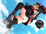  1girl ass black_skirt blonde_hair blue_eyes blush boots cannon clouds cloudy_sky cowboy_shot eyebrows_visible_through_hair hat highres kantai_collection long_hair looking_at_viewer looking_back low_twintails military military_uniform oekakizuki open_mouth panties pleated_skirt prinz_eugen_(kantai_collection) skirt skirt_lift sky tied_hair twintails underwear uniform water weapon white_panties 