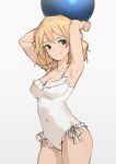  alternate_hairstyle aqua_eyes armpits arms_up ball beachball blonde_hair breasts casual_one-piece_swimsuit cleavage contrapposto covered_navel cowboy_shot darjeeling girls_und_panzer grey_background large_breasts neo-masterpeacer one-piece_swimsuit simple_background smile swimsuit white_swimsuit 