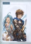  1boy 1girl absurdres armor arms_behind_back bangs blue_eyes blue_hair brown_eyes brown_hair dress eyebrows_visible_through_hair gauntlets gran_(granblue_fantasy) granblue_fantasy highres holding holding_weapon long_hair looking_at_viewer lyria_(granblue_fantasy) minaba_hideo official_art one_eye_closed open_mouth pants scan short_dress short_hair simple_background sword weapon white_dress 