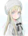  1girl bangs beret blonde_hair blouse blue_eyes closed_mouth dress expressionless eyebrows_visible_through_hair grey_dress hat highres long_hair looking_at_viewer mari_(rubymaririn) original simple_background sketch solo twitter_username upper_body white_background white_blouse 