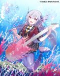  1niichi artist_name bracelet braid bubble cardfight!!_vanguard company_name coral full_body guitar head_fins instrument jewelry mermaid monster_girl musical_note necktie official_art open_mouth pink_eyes purple_hair ring_arpeggio_mikoto solo underwater 