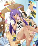 1girl ankh barefoot bed blanket book bottle bottomless bottomless_female candy cellphone character_request chips controller convenient_leg cup dark_skin dress_shirt eraser facial_mark fate/grand_order fate_(series) feet food google_play hair_ornament hairclip handheld_game_console headphones highres long_hair looking_at_viewer lying magic:_the_gathering medjed messy_room mug nintendo_3ds nitocris_(fate/grand_order) no_panties on_back on_bed panties phone poster_(object) purple_hair shirt socks solo sphinx t-shirt tissue tissue_box translation_request twitter_username type-moon underwear very_long_hair violet_eyes