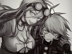  1boy 1girl ahoge arm_around_shoulder bow breasts choker cleavage dangan_ronpa embarrassed fingerless_gloves gloves goggles goggles_on_head iruma_miu jewelry keebo large_breasts long_hair long_sleeves looking_away monochrome necklace new_dangan_ronpa_v3 open_mouth sailor_collar shirt short_hair smile sweatdrop toohoku upper_body 