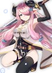  1girl black_boots black_legwear boots breasts closed_mouth doraf fuotchan granblue_fantasy hair_ornament hair_over_one_eye highres holding holding_sword holding_weapon horns katana knee_boots kneeling large_breasts light_smile long_hair looking_at_viewer mismatched_legwear narumeia_(granblue_fantasy) pink_hair pointy_ears single_thighhigh smile solo sword thigh-highs thigh_strap thighs very_long_hair weapon 