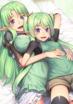  2girls :d black_legwear blush breasts brown_gloves elbow_gloves elf eyebrows_visible_through_hair gloves green_hair green_shirt h_kasei hug large_breasts long_hair looking_at_viewer lying lying_on_person multiple_girls on_back on_bed open_mouth original pointy_ears shirt short_shorts shorts small_breasts smile spandex thigh-highs turtleneck twintails violet_eyes 