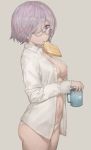  1girl absurdres breasts cup fate/grand_order fate_(series) food food_in_mouth glasses hair_over_one_eye heart highres holding looking_at_viewer medium_breasts mouth_hold mug navel open_clothes open_shirt panties purple_hair shielder_(fate/grand_order) shirt short_hair solo toast toast_in_mouth underwear violet_eyes white_panties yohan1754 