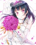  1girl bangs blue_hair blush bouquet breasts cleavage detached_collar detached_sleeves dress flower fur_collar holding holding_bouquet jewelry long_hair looking_at_viewer love_live! love_live!_sunshine!! petals side_bun smile solo tiara tipii tsushima_yoshiko veil violet_eyes white_dress 