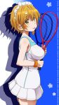  1girl :p awa bare_shoulders breasts brown_eyes brown_hair copyright_name highres koiwai_yoshino large_breasts looking_at_viewer maid_headdress masamune-kun_no_revenge racket short_hair solo sportswear standing tennis_racket tennis_uniform tongue tongue_out wristband 