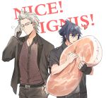  2boys adjusting_glasses animal_print black_hair black_jacket brown_hair final_fantasy final_fantasy_xv glasses gloves ignis_scientia jacket leopard_print male_focus mintgreen0913 multiple_boys noctis_lucis_caelum pillow 