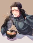  1boy black_eyes black_gloves black_hair blush caster_(fate/zero) character_print eating fate/grand_order fate_(series) food fujimaru_ritsuka_(female) gilles_de_rais_(fate/grand_order) gloves highres kurakura_(kura28913) noodles open_mouth ponytail simple_background solo sweat sweatdrop 