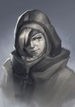  1girl absurdres ana_(overwatch) eyepatch facial_mark facial_tattoo greyscale head_tilt highres hijab hood lips looking_at_viewer maitian_bianjing monochrome nose old_woman overwatch portrait realistic sketch smile solo tattoo 
