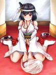  1girl :t bag black_hair blush detached_sleeves exis floral_print food geta hair_ornament headband highres japanese_clothes kantai_collection obi plastic_bag red_eyes remodel_(kantai_collection) sash shoe_removed short_hair sitting tears wariza wide_sleeves yamashiro_(kantai_collection) 