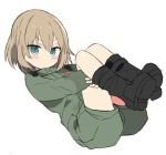  1girl bangs black_boots blonde_hair blue_eyes boots closed_mouth full_body girls_und_panzer green_jumpsuit katyusha leg_hug long_sleeves looking_at_viewer lying on_back pravda_military_uniform short_hair short_jumpsuit simple_background sketch solo white_background 