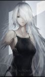  1girl black_leotard blue_eyes breasts character_name closed_mouth copyright_name damaged expressionless grey_hair hair_over_one_eye highres leotard long_hair looking_at_viewer marumoru medium_breasts nier_(series) nier_automata parts_exposed solo upper_body very_long_hair yorha_type_a_no._2 