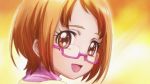  1girl :d brown_eyes from_behind glasses looking_at_viewer looking_back official_art open_mouth orange_hair portrait precure screencap shirabe_ako short_hair smile solo suite_precure 