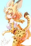  1girl animal_ears aqua_background bare_shoulders belt blonde_hair bow bowtie cowboy_shot dated elbow_gloves expressionless eyebrows_visible_through_hair gloves gradient gradient_background hair_between_eyes kemono_friends looking_at_viewer looking_back lunamoon serval_(kemono_friends) serval_ears serval_print serval_tail shirt signature skirt sleeveless sleeveless_shirt solo tail thigh-highs white_shirt yellow_bow yellow_bowtie yellow_eyes yellow_legwear yellow_skirt 