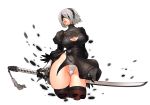  1girl black_dress blindfold breasts cleavage dress feather-trimmed_sleeves highleg highleg_leotard leotard louten nier_(series) nier_automata parted_lips puffy_sleeves silver_hair skindentation solo sword thigh-highs weapon yorha_no._2_type_b 